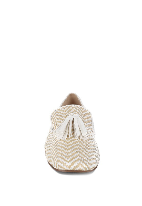 Dara Raffia Tassels Detail Loafers-Dara Raffia Tassel Detail Loafers. Raffia loafers with tassels, zig-zag design, and cushioned insoles. Comfortable boho-chic flats with a 1" heel for summer style.-Reef Love