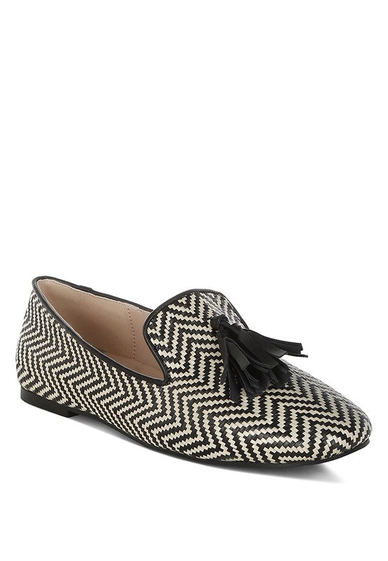 Dara Raffia Tassels Detail Loafers-Dara Raffia Tassel Detail Loafers. Raffia loafers with tassels, zig-zag design, and cushioned insoles. Comfortable boho-chic flats with a 1" heel for summer style.-Reef Love