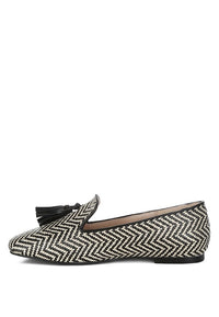 Dara Raffia Tassels Detail Loafers-Dara Raffia Tassel Detail Loafers. Raffia loafers with tassels, zig-zag design, and cushioned insoles. Comfortable boho-chic flats with a 1" heel for summer style.-Reef Love