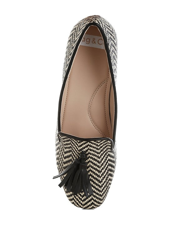 Dara Raffia Tassels Detail Loafers-Dara Raffia Tassel Detail Loafers. Raffia loafers with tassels, zig-zag design, and cushioned insoles. Comfortable boho-chic flats with a 1" heel for summer style.-Reef Love