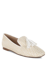 Dara Raffia Tassels Detail Loafers-Dara Raffia Tassel Detail Loafers. Raffia loafers with tassels, zig-zag design, and cushioned insoles. Comfortable boho-chic flats with a 1" heel for summer style.-Reef Love