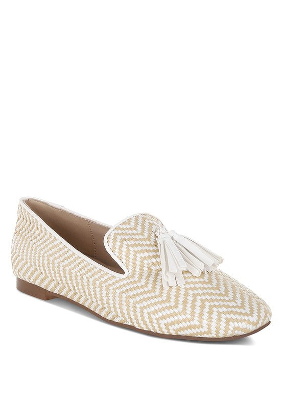 Dara Raffia Tassels Detail Loafers-Dara Raffia Tassel Detail Loafers. Raffia loafers with tassels, zig-zag design, and cushioned insoles. Comfortable boho-chic flats with a 1" heel for summer style.-Reef Love