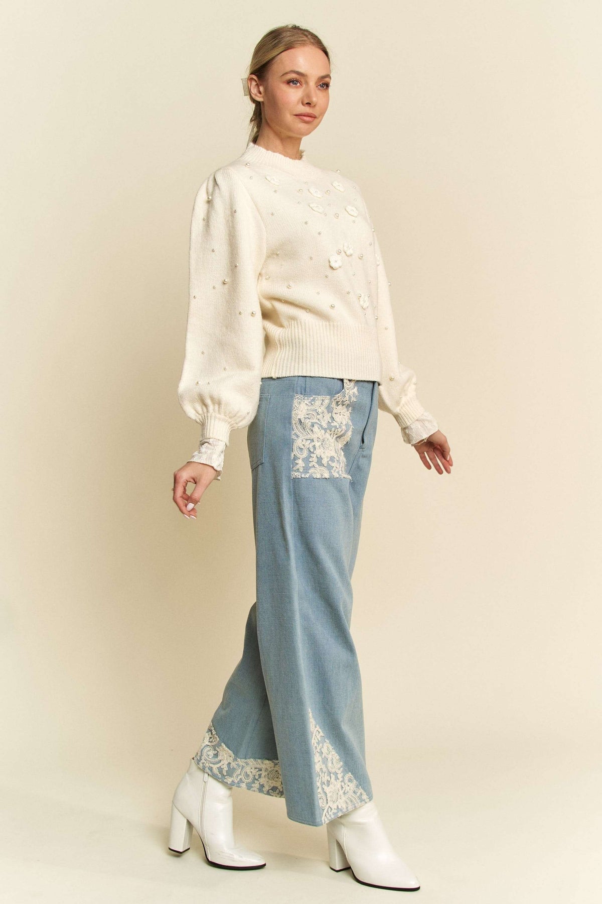 Womens wide leg ankle jeans with Lace Applique - sold by Reef Love