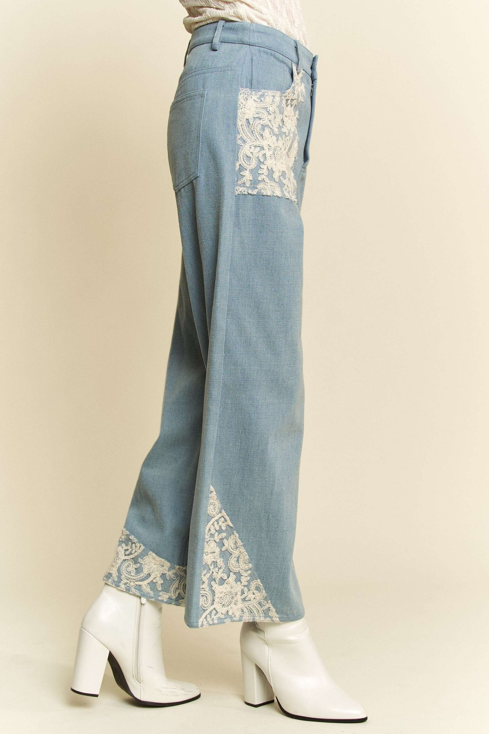 Womens wide leg ankle jeans with Lace Applique - sold by Reef Love