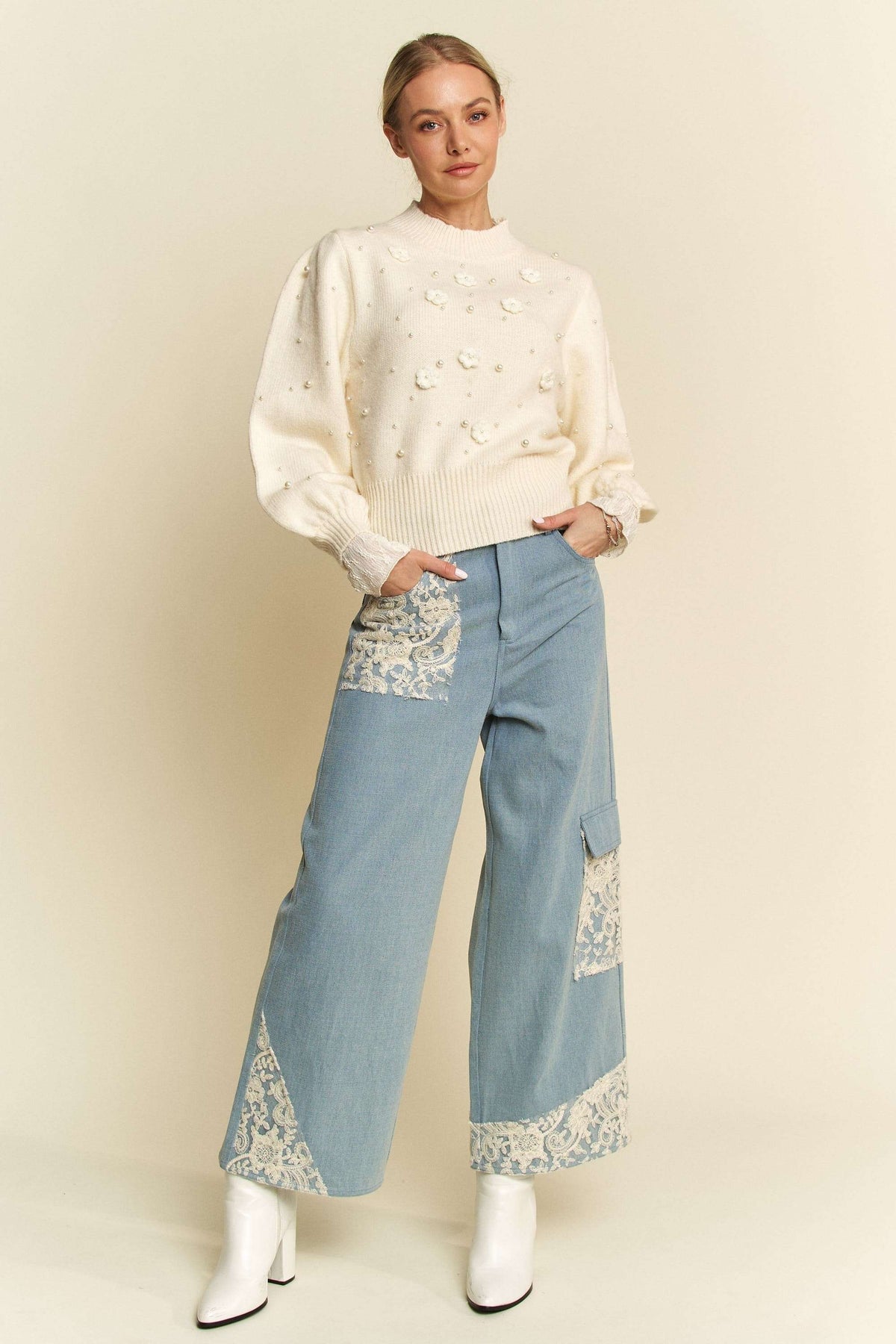 Womens wide leg ankle jeans with Lace Applique - sold by Reef Love