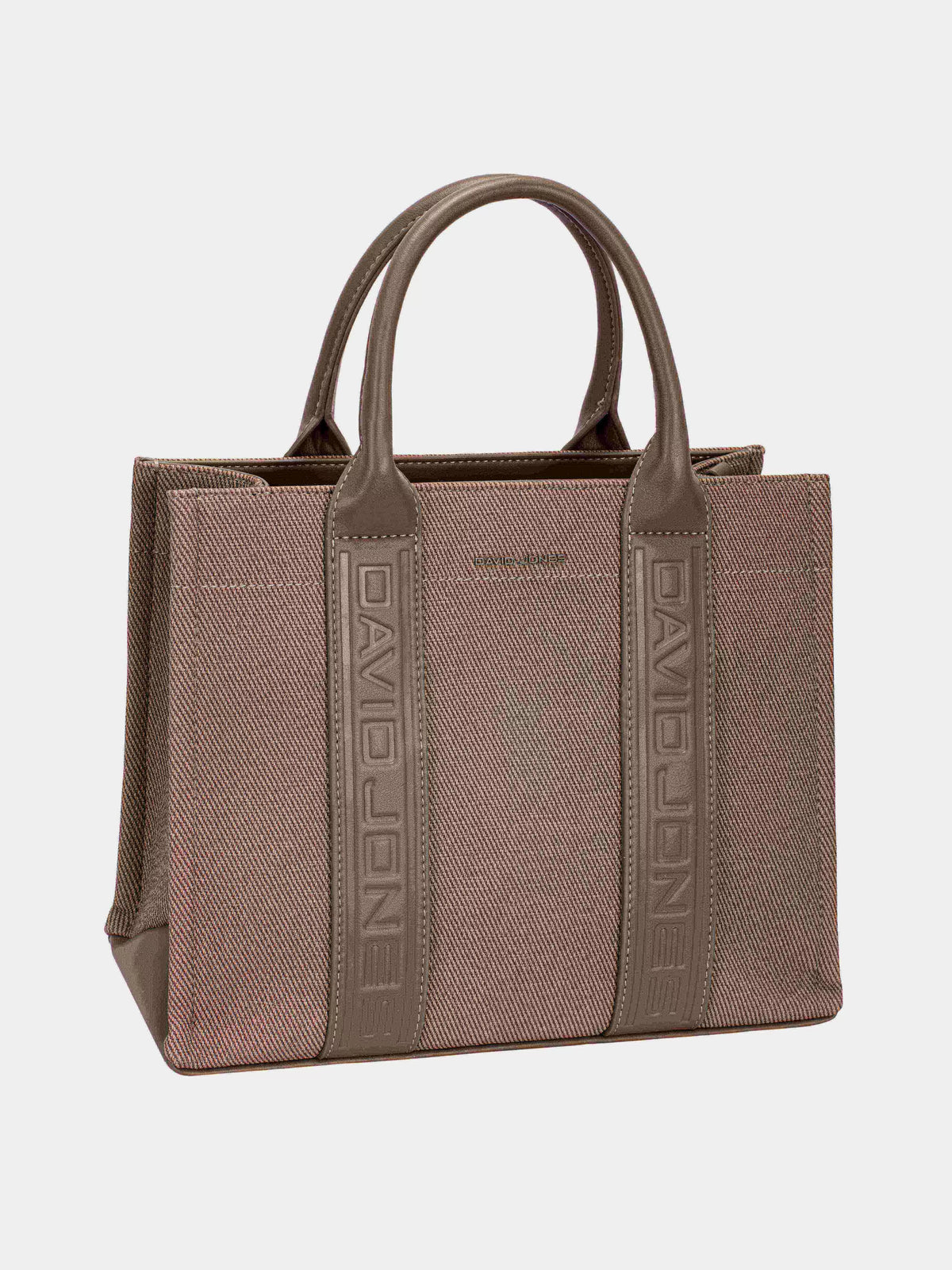 David Jones Canvas Tote Handbag with Contrast Leather Handles-Sophisticated structured canvas tote handbag features premium canvas material with contrasting leather handles and trim with structured rectangular silhouette.