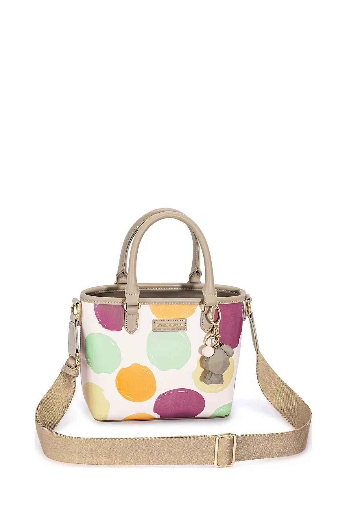 David Jones Colorful Polka Dot Handbag-This stylish polka dot handbag features a vibrant multi-colored circular pattern on a clean white background, crafted with premium materials including leather trim handles.-Reef Love