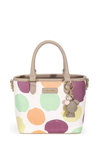 David Jones Colorful Polka Dot Handbag-This stylish polka dot handbag features a vibrant multi-colored circular pattern on a clean white background, crafted with premium materials including leather trim handles.-Reef Love