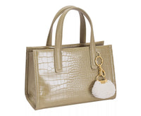 David Jones Crocodile Pattern Handbag-David Jones crocodile pattern handbag in golden olive branch. Small structured bag with croc-embossed finish, pom-pom charm & polished hardware for chic style.-Reef Love