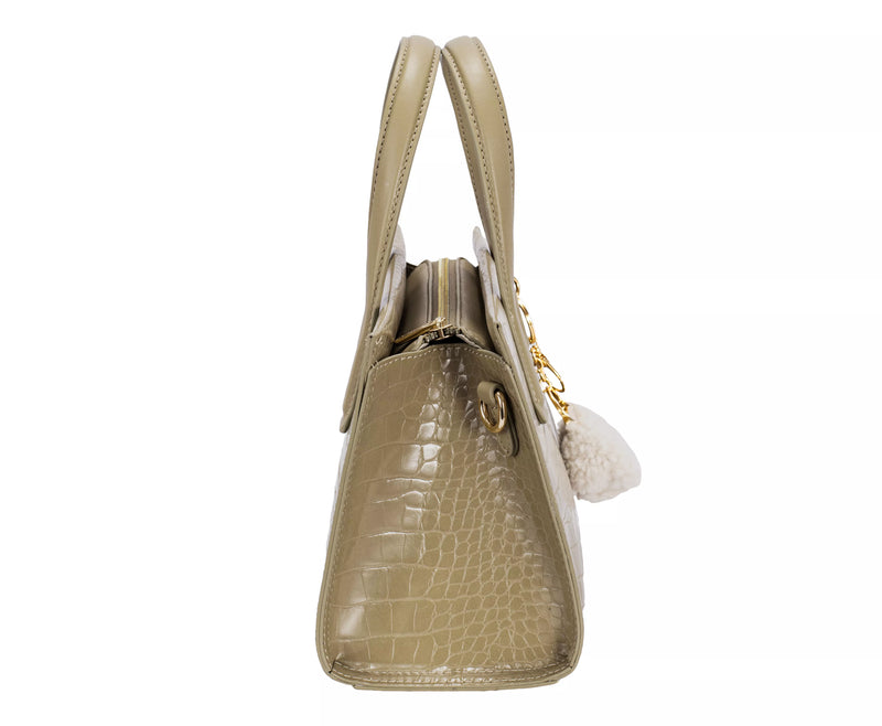 David Jones Crocodile Pattern Handbag-David Jones crocodile pattern handbag in golden olive branch. Small structured bag with croc-embossed finish, pom-pom charm & polished hardware for chic style.-Reef Love