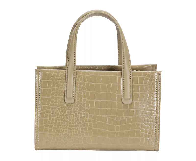 David Jones Crocodile Pattern Handbag-David Jones crocodile pattern handbag in golden olive branch. Small structured bag with croc-embossed finish, pom-pom charm & polished hardware for chic style.-Reef Love