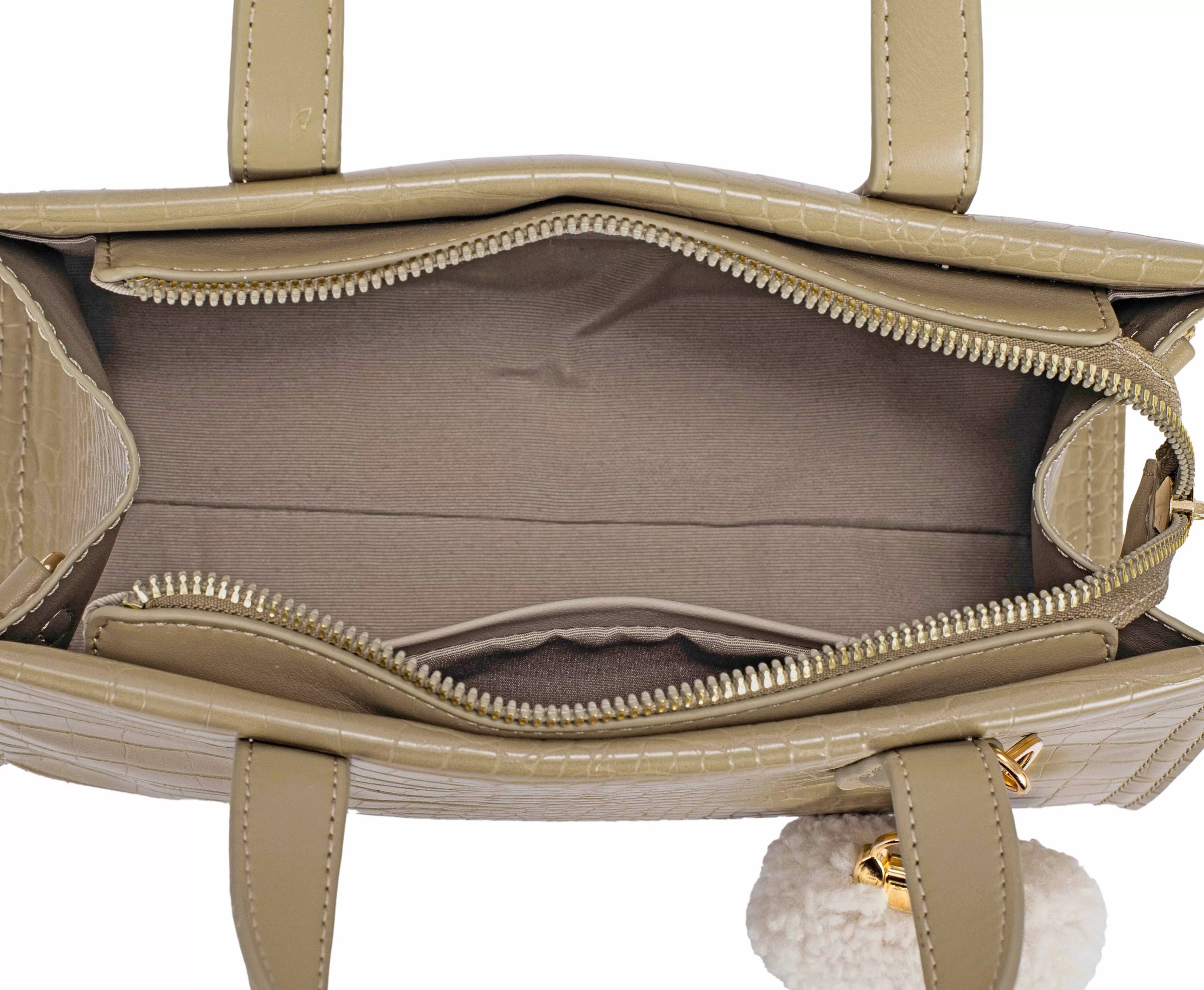 David Jones Crocodile Pattern Handbag-David Jones crocodile pattern handbag in golden olive branch. Small structured bag with croc-embossed finish, pom-pom charm & polished hardware for chic style.-Reef Love