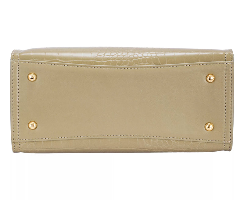 David Jones Crocodile Pattern Handbag-David Jones crocodile pattern handbag in golden olive branch. Small structured bag with croc-embossed finish, pom-pom charm & polished hardware for chic style.-Reef Love