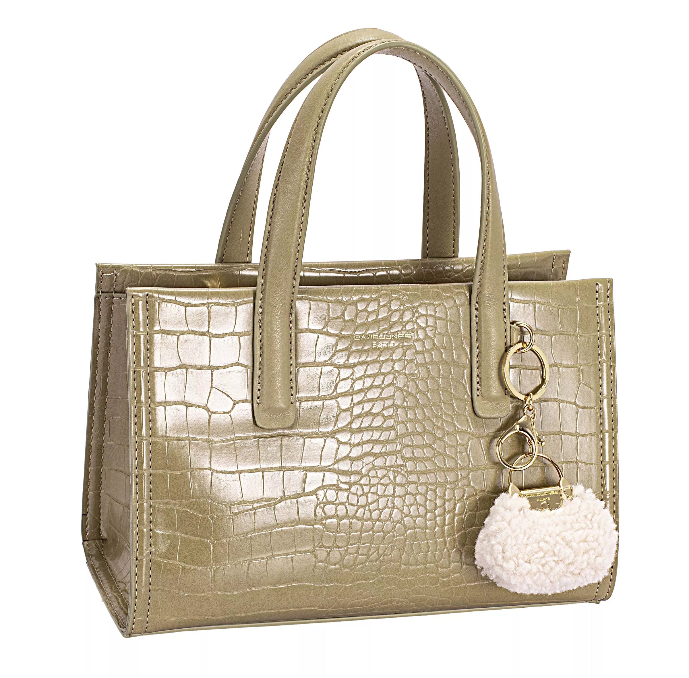 David Jones Crocodile Pattern Handbag-David Jones crocodile pattern handbag in golden olive branch. Small structured bag with croc-embossed finish, pom-pom charm & polished hardware for chic style.-Reef Love