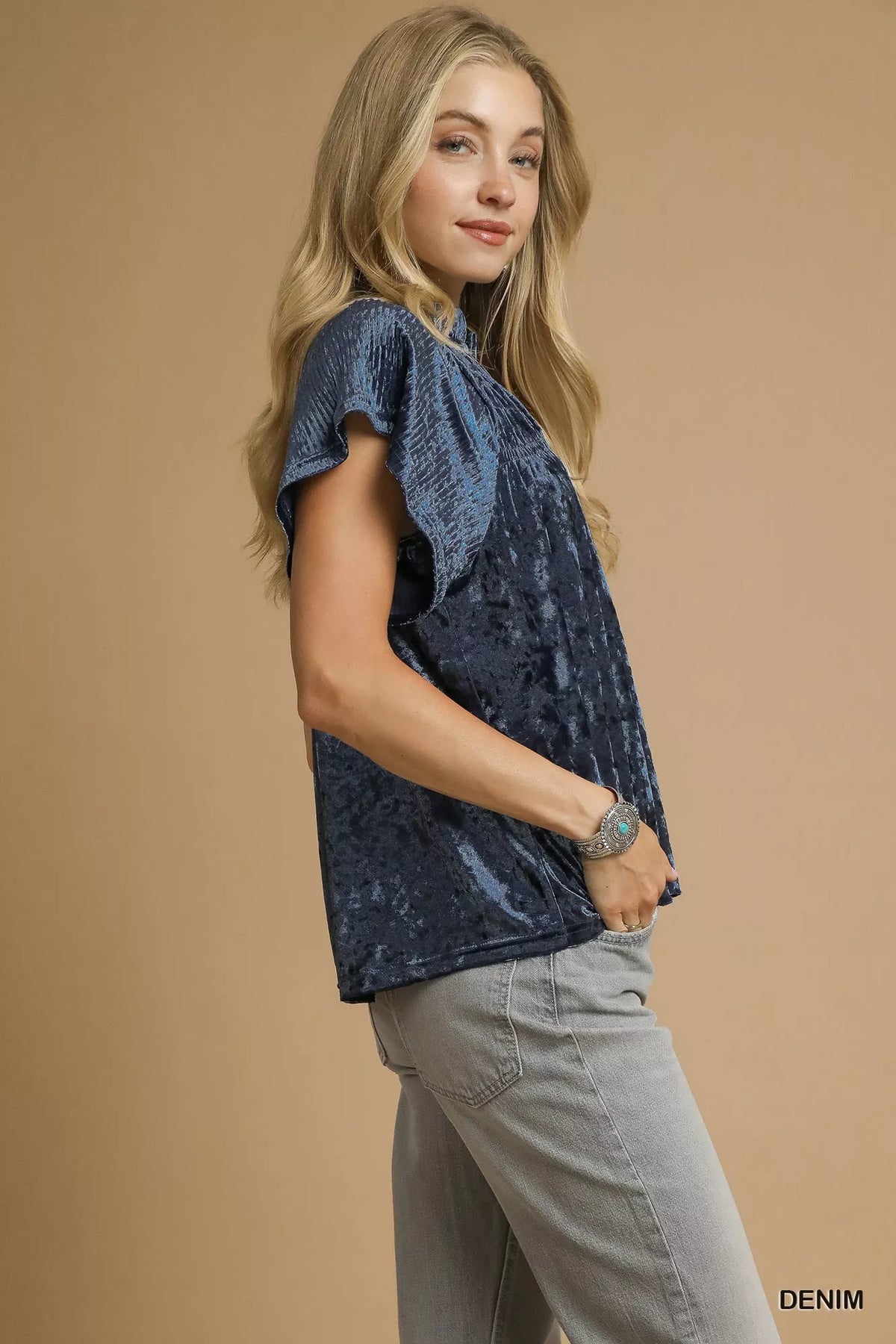 Denim Blue Crushed Velvet Pleated Blouse-Crushed Velvet Pleated Blouse is a luxurious and stylish choice for your wardrobe. Made from soft crushed velvet fabric, the pleated detailing adds texture.-Reef Love