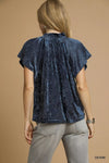Denim Blue Crushed Velvet Pleated Blouse-Crushed Velvet Pleated Blouse is a luxurious and stylish choice for your wardrobe. Made from soft crushed velvet fabric, the pleated detailing adds texture.-Reef Love
