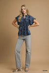 Denim Blue Crushed Velvet Pleated Blouse-Crushed Velvet Pleated Blouse is a luxurious and stylish choice for your wardrobe. Made from soft crushed velvet fabric, the pleated detailing adds texture.-Reef Love
