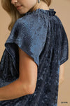 Denim Blue Crushed Velvet Pleated Blouse-Crushed Velvet Pleated Blouse is a luxurious and stylish choice for your wardrobe. Made from soft crushed velvet fabric, the pleated detailing adds texture.-Reef Love