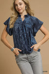Denim Blue Crushed Velvet Pleated Blouse-Crushed Velvet Pleated Blouse is a luxurious and stylish choice for your wardrobe. Made from soft crushed velvet fabric, the pleated detailing adds texture.-Reef Love