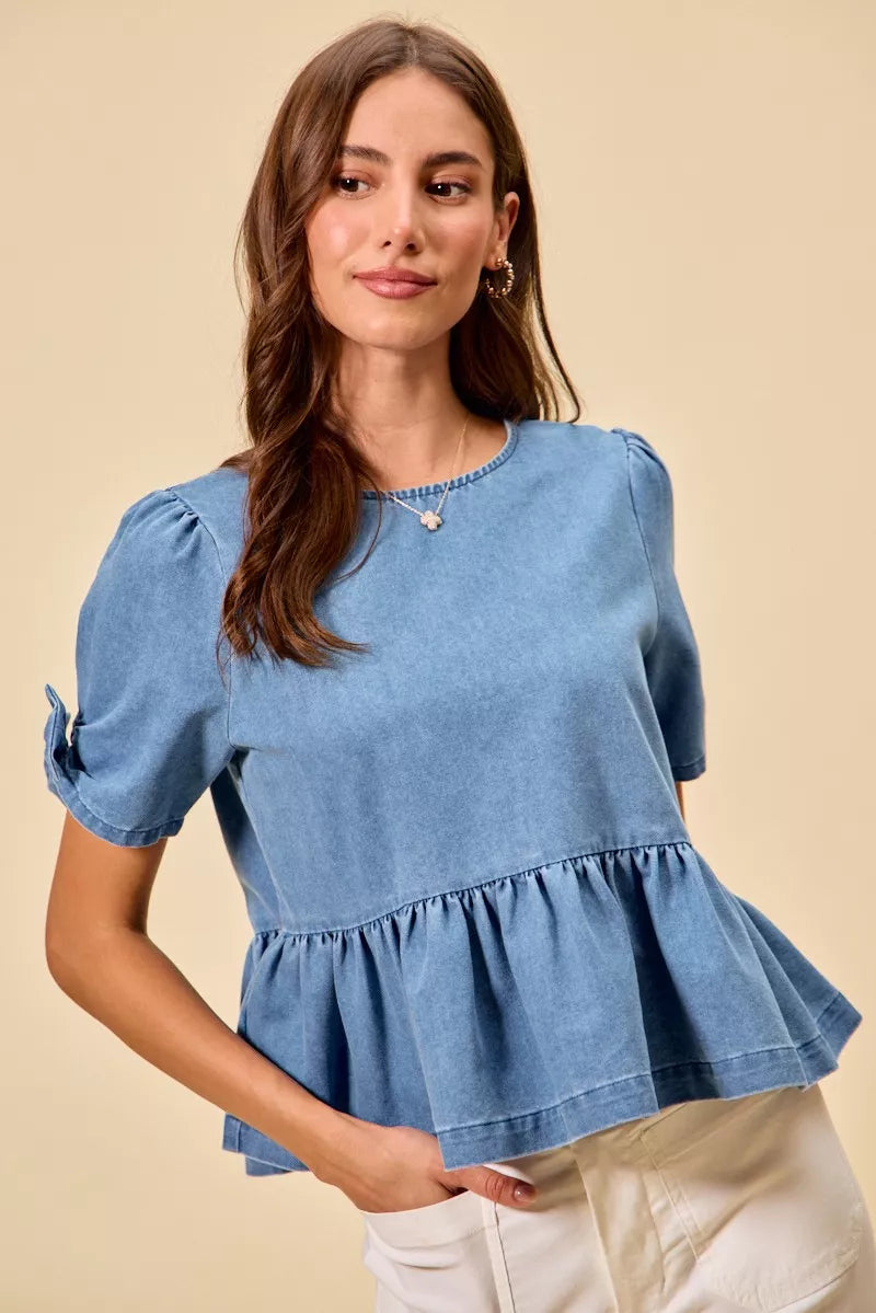 Denim Bow Detail Short Sleeves Peplum Top-Reef Love
