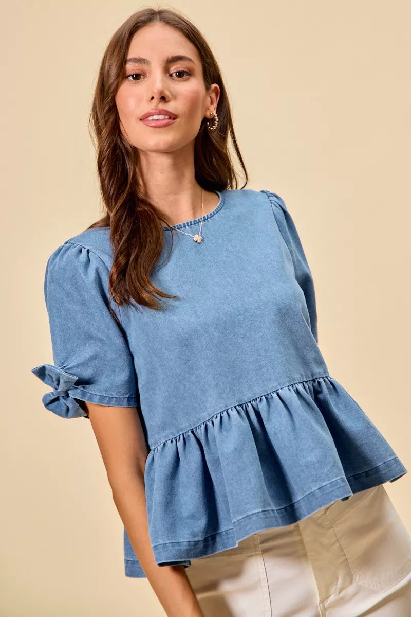 Denim Bow Detail Short Sleeves Peplum Top-Reef Love