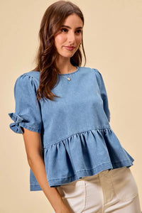 Denim Bow Detail Short Sleeves Peplum Top-Reef Love