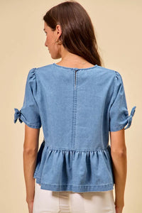 Denim Bow Detail Short Sleeves Peplum Top-Reef Love