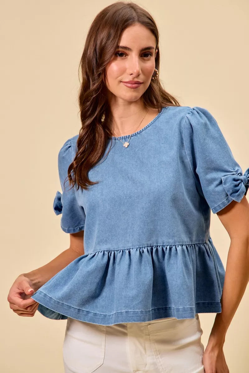 Denim Bow Detail Short Sleeves Peplum Top-Reef Love