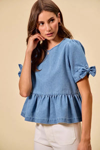 Denim Bow Detail Short Sleeves Peplum Top-Reef Love