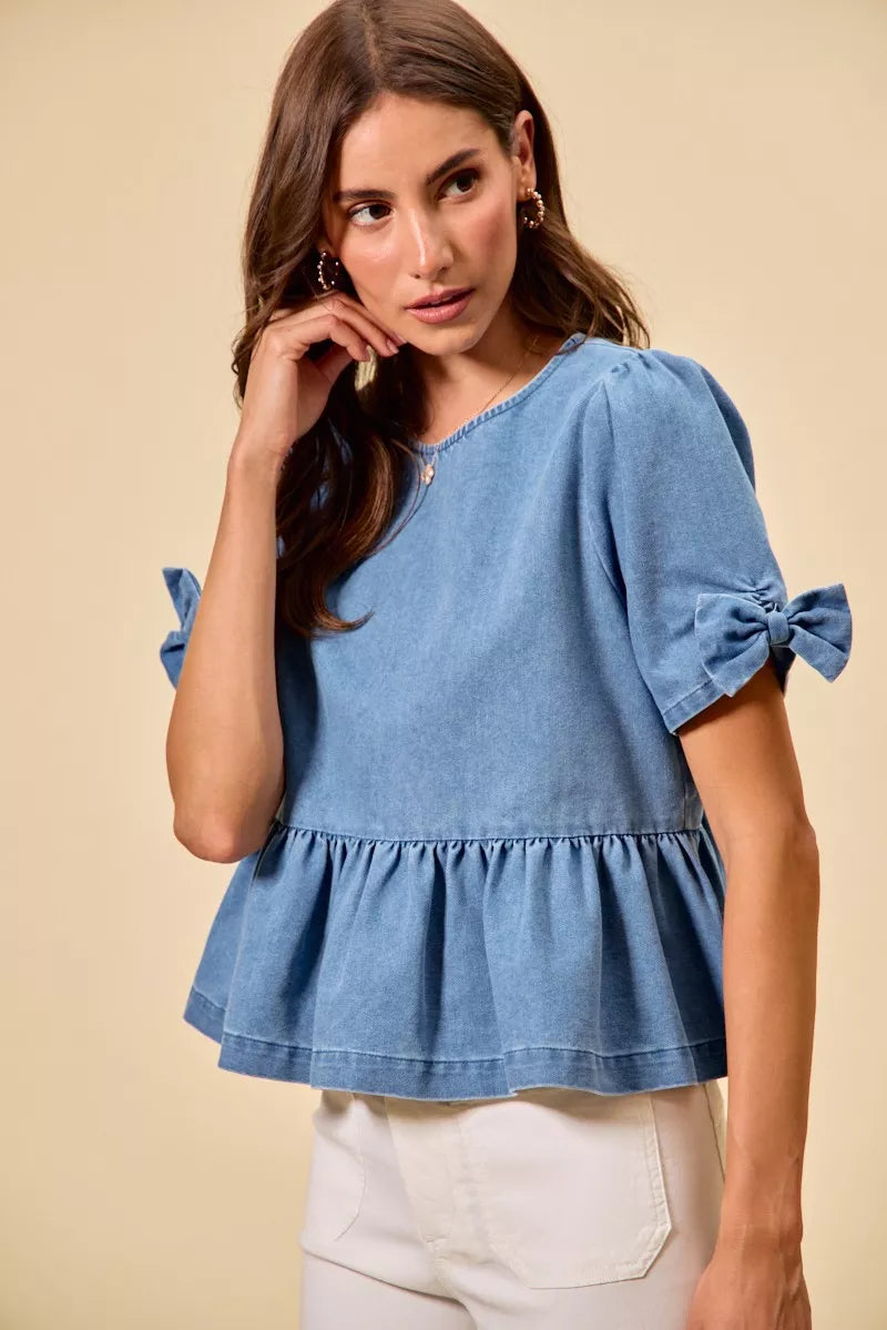 Denim Bow Detail Short Sleeves Peplum Top-Reef Love