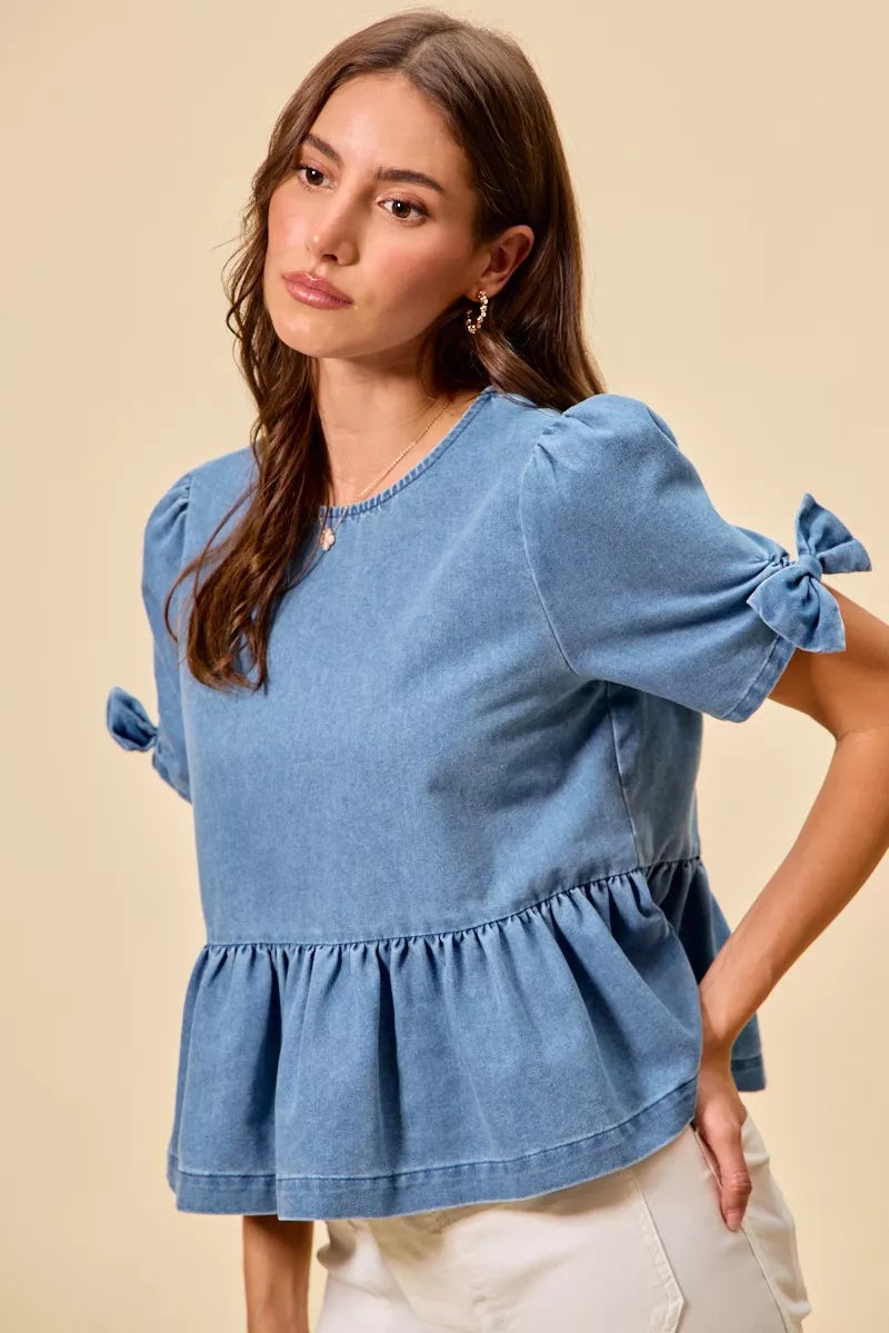 Denim Bow Detail Short Sleeves Peplum Top-Reef Love
