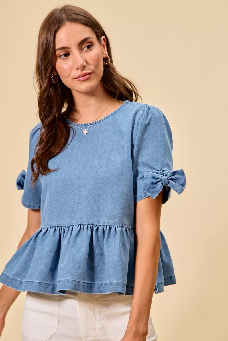 Denim Bow Detail Short Sleeves Peplum Top-Reef Love