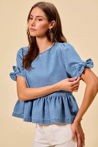 Denim Bow Detail Short Sleeves Peplum Top-Reef Love