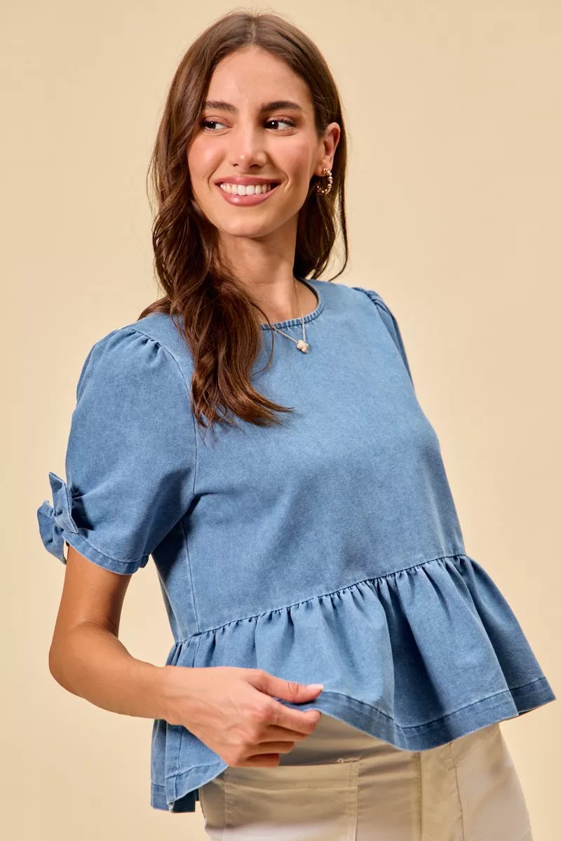 Denim Bow Detail Short Sleeves Peplum Top-Reef Love