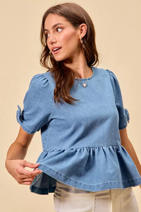 Denim Bow Detail Short Sleeves Peplum Top-Reef Love