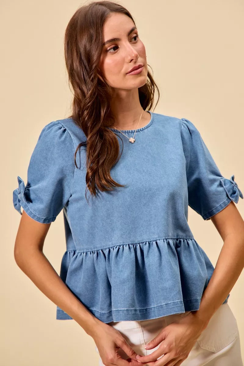 Denim Bow Detail Short Sleeves Peplum Top-Reef Love