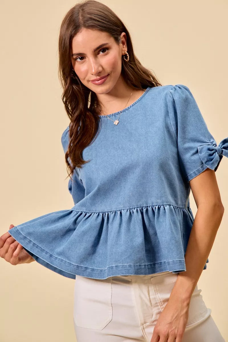 Denim Bow Detail Short Sleeves Peplum Top-Reef Love