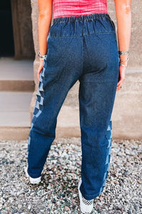 Denim Checker Side Panel Patchwork Drawstring Pant-Reef Love