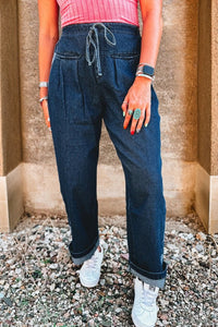 Denim Checker Side Panel Patchwork Drawstring Pant-Reef Love