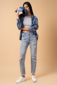 Denim Lab USA Fray Distressed Girlfriend Jeans-Fray Distressed Girlfriend Jeans by Denim Lab USA. 100% cotton, non-stretch medium wash denim with distressed details and raw hem. High-rise ankle-length fit.-Reef Love