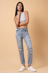 Denim Lab USA Fray Distressed Girlfriend Jeans-Fray Distressed Girlfriend Jeans by Denim Lab USA. 100% cotton, non-stretch medium wash denim with distressed details and raw hem. High-rise ankle-length fit.-Reef Love