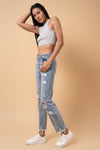 Denim Lab USA Fray Distressed Girlfriend Jeans-Fray Distressed Girlfriend Jeans by Denim Lab USA. 100% cotton, non-stretch medium wash denim with distressed details and raw hem. High-rise ankle-length fit.-Reef Love
