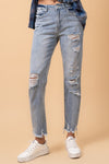 Denim Lab USA Fray Distressed Girlfriend Jeans-Fray Distressed Girlfriend Jeans by Denim Lab USA. 100% cotton, non-stretch medium wash denim with distressed details and raw hem. High-rise ankle-length fit.-Reef Love