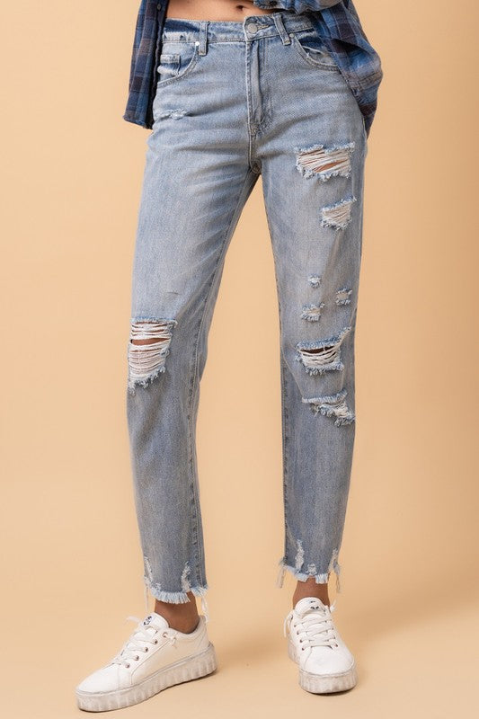 Denim Lab USA Fray Distressed Girlfriend Jeans-Fray Distressed Girlfriend Jeans by Denim Lab USA. 100% cotton, non-stretch medium wash denim with distressed details and raw hem. High-rise ankle-length fit.-Reef Love