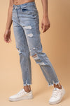 Denim Lab USA Fray Distressed Girlfriend Jeans-Fray Distressed Girlfriend Jeans by Denim Lab USA. 100% cotton, non-stretch medium wash denim with distressed details and raw hem. High-rise ankle-length fit.-Reef Love