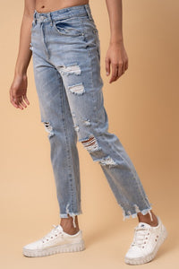 Denim Lab USA Fray Distressed Girlfriend Jeans-Fray Distressed Girlfriend Jeans by Denim Lab USA. 100% cotton, non-stretch medium wash denim with distressed details and raw hem. High-rise ankle-length fit.-Reef Love