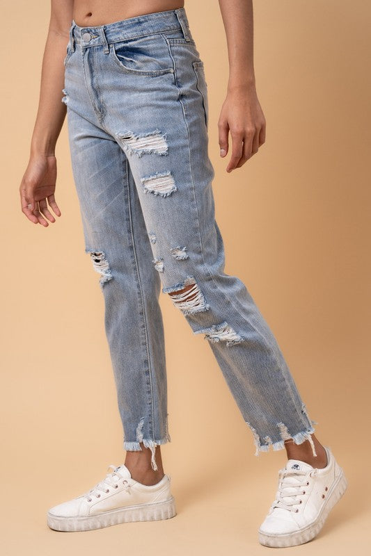 Denim Lab USA Fray Distressed Girlfriend Jeans-Fray Distressed Girlfriend Jeans by Denim Lab USA. 100% cotton, non-stretch medium wash denim with distressed details and raw hem. High-rise ankle-length fit.-Reef Love