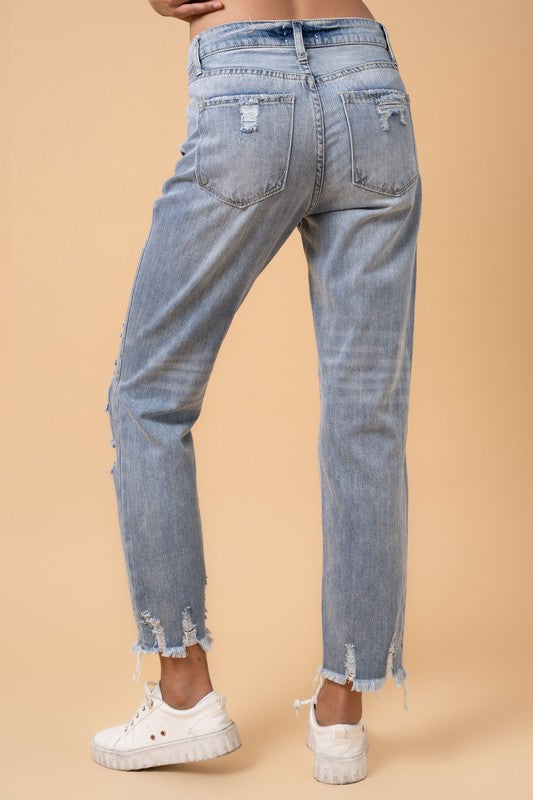 Denim Lab USA Fray Distressed Girlfriend Jeans-Fray Distressed Girlfriend Jeans by Denim Lab USA. 100% cotton, non-stretch medium wash denim with distressed details and raw hem. High-rise ankle-length fit.-Reef Love