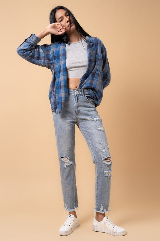 Denim Lab USA Fray Distressed Girlfriend Jeans-Fray Distressed Girlfriend Jeans by Denim Lab USA. 100% cotton, non-stretch medium wash denim with distressed details and raw hem. High-rise ankle-length fit.-Reef Love