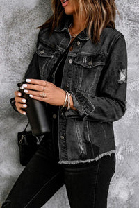 Denim Lapel Distressed Raw Hem Buttoned Jacket- Boho Chic Styles by Reef Love